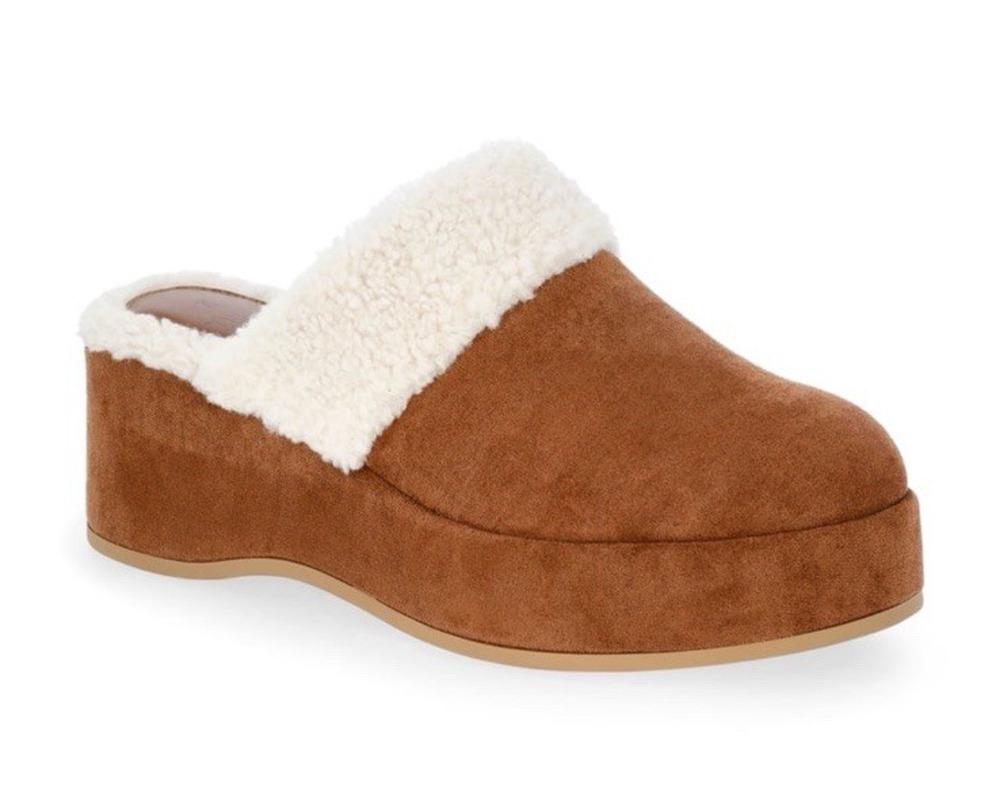 Chestnut Platform Slipper Clogs US 6 Faux Suede Shearling Chunky Tan Mules NWT